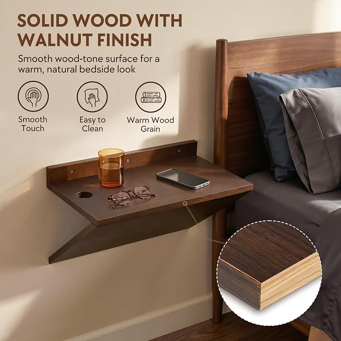 Floating Nightstand Set of 2 Walnut Bedside Table Wall Mounted Wood | Z-Shape - Image 4
