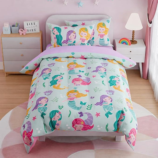 SANDJEST Mermaid Bedding Twin for Girls, Ultra Soft Microfiber Comforter Set Twin Size with 3-Pieces, Comforters Bed Sets for Kid Children Teen Tween Bedroom Decor