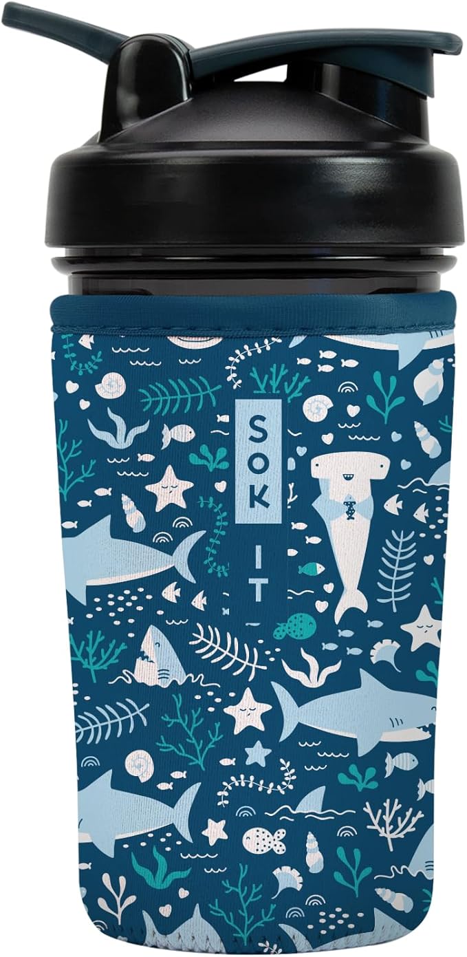 Sok It BotlSok Protein Blender Shaker Bottle Sleeve Insulated Neoprene Cover (Happy Sharks, Fits 24oz Blender)