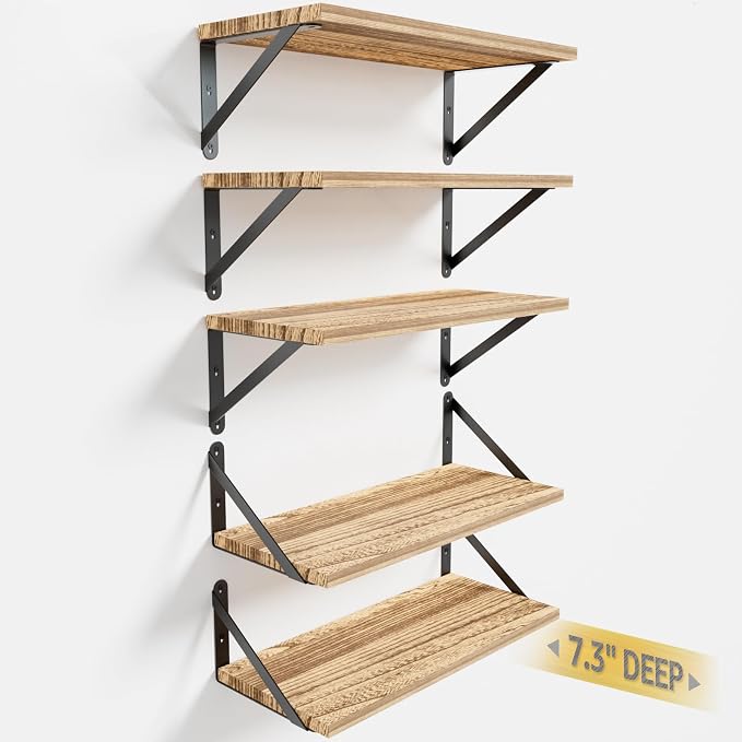 Wall Shelves 7.3" Deep Solid Paulownia Wood | 15mm Thick, Wider & Longer & by COCOYA