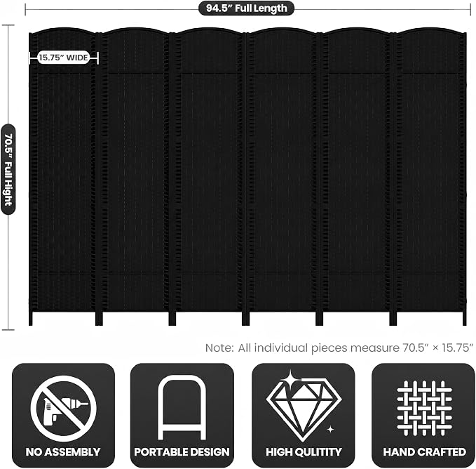 6 Panel Folding Room Divider, Woven Privacy Screen, handcrafted diamond pattern - Image 3