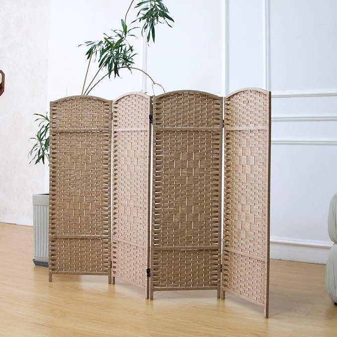 4 Panel Rattan Divider Short Room Partition Screen, Double Sided Folding Divider by Furnnylane