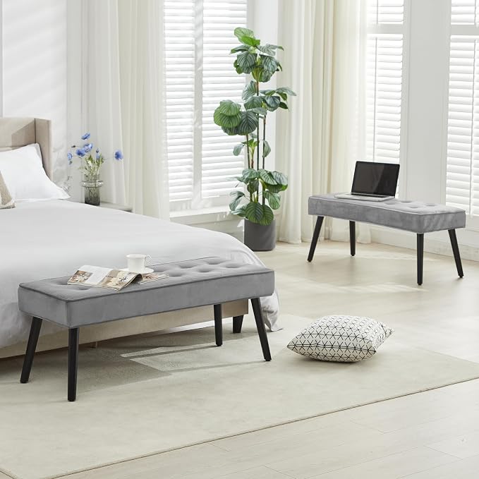 LOULENS Entryway Bench, Light Grey | Wood Legs, Button Tufted, Upholstered Bench - Image 6