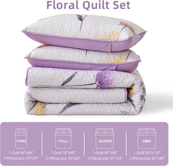 Dinjoy Floral Quilt Set Queen, 3 Pieces Purple Flower Bedspread Coverlet | Soft - Image 6
