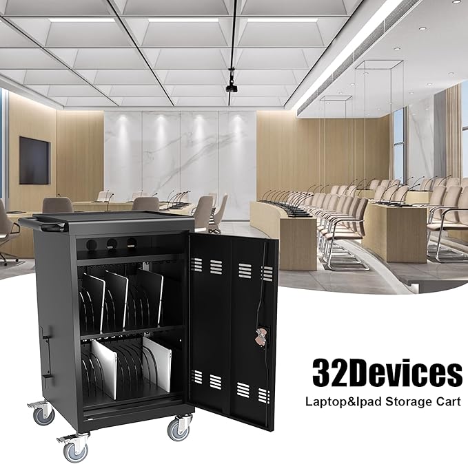Aokleo 32 Devices Laptop Charging Cart, Tablet Storage Carts for Pad Up to 16.3" Screen Size, Classroom Computer Mobile Charging Station for Pads,Chromebooks,Laptops,Security Storage (Black)