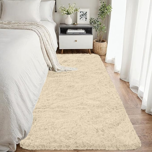 2x6 Bedside Area Rugs for Bedroom: Soft Fluffy Shag Beige Rug for Hallway, Non-Slip Fuzzy Plush Living Room Rug Indoor Floor Carpet for Kids Rooms, Dorm, Nursery, Modern Home Aesthetic Decor