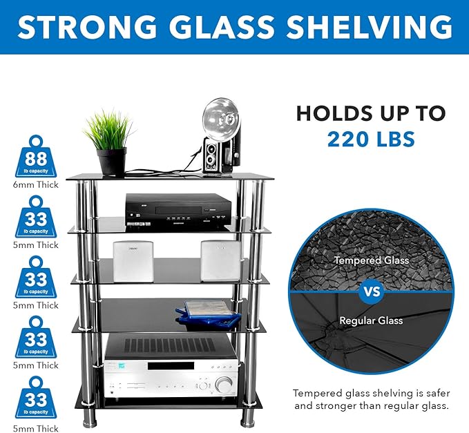 Mount-It! Tempered Glass AV Component Media Stand, Audio Tower and Media Center with 5 Shelves, 220 Lbs Total Capacity, Black Shelves Chrome Legs (MI-8671)