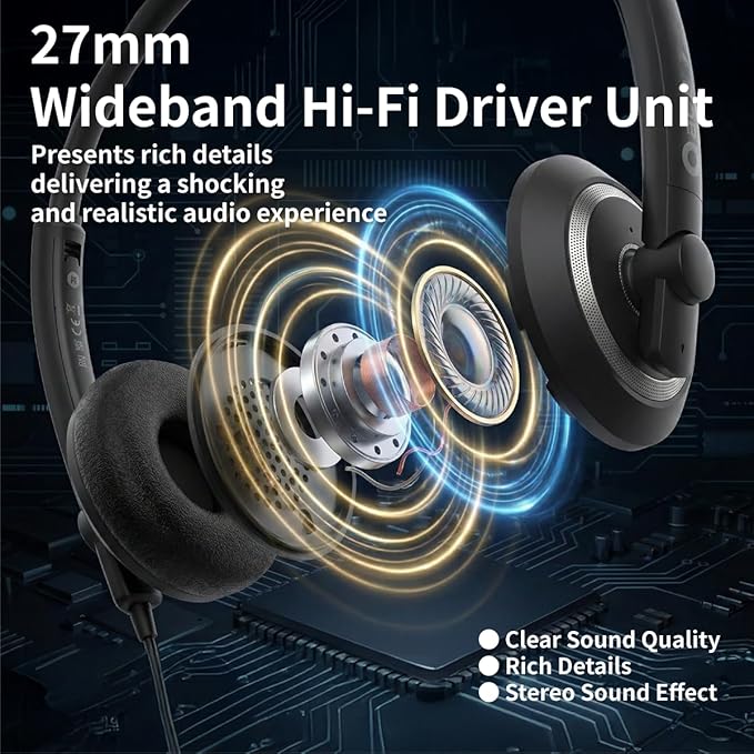 Accutone Conversation 95 Wired Office USB Headset with Environmental Noise Cancelling Microphone & wideband Audio Output, Black