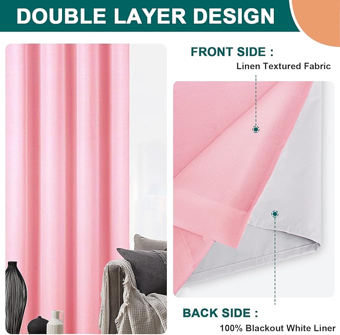 Diraysid 100% Blackout Curtains Pink Linen Curtains - Image 2