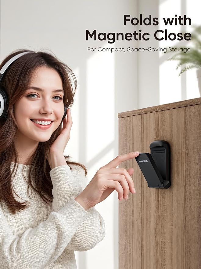 MAMUVIMO Headphone Stand, Headset Stand Foldable ＆ Sticky, Headphone Holder Hook Mount with Non-Slip Silicone, Adhesive Earphone Desk Hanger Clip Space-Saving for Airpods Max, All Earphones- Black