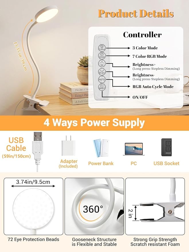 Clip on Lamp, 10 RGB Colors+10 Brightness Bright Desk Lamp - Image 8