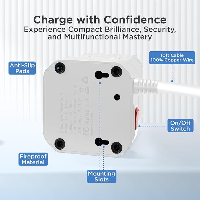 Uncaged Ergonomics Cube Power Strips w/Surge Protection, 10ft Extension Cord with Multiple Outlets, 5 AC Plugs, 3 USB (1C Port) Fast Charging Power Strip with USB Port, On/Off Switch Charging Station
