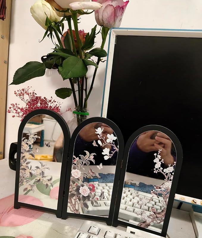 Mini Folding Screen, 3 Panel Divider, Chinese Style Vintage Desktop Mirror - Image 5