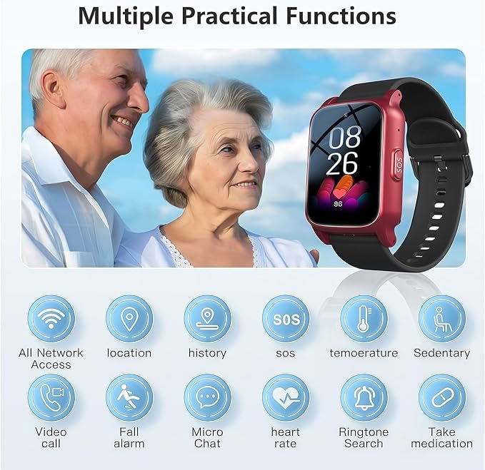 Elderly Fall Watch, Smart Watch for Men Women Wtih Sos Call and Health Monitoring, Ip67 Waterproof, Emergency Call Bracelet, for Seniors & Adults, Christmas and Birthday Gifts, 4G Safety(Red)