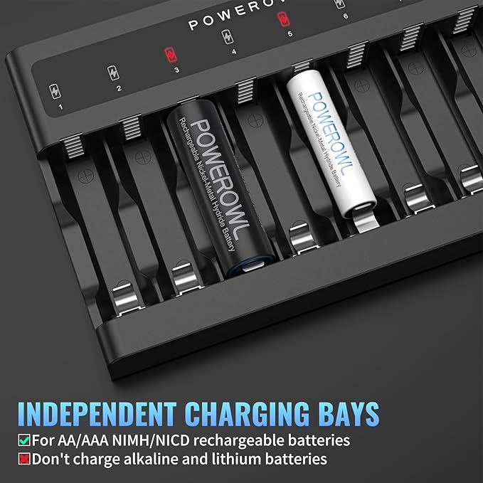 POWEROWL AA AAA Battery Charger 8 Bay, Independent Slot, USB Fast Charging for Ni-MH Ni-CD Rechargeable Batteries