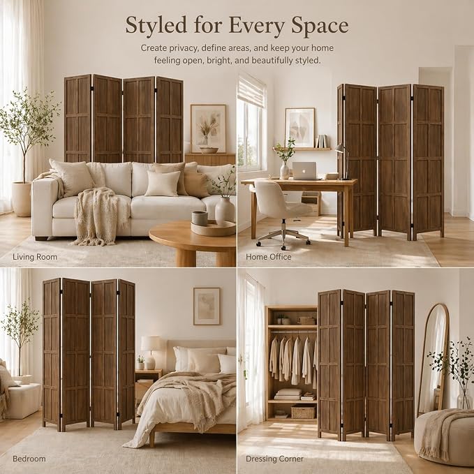 4 Panel Solid Wood Room Divider Folding Privacy Screen Brown | Freestanding - Image 6