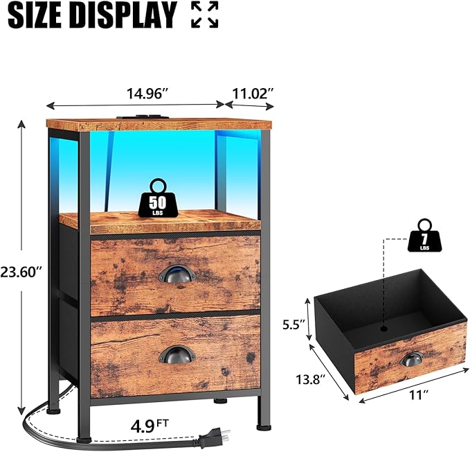 Night Stand Set 2 with Charging Station, LED Light, 2 Drawers, Rustic Brown | - Image 3