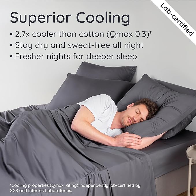 Bambaw 100% Viscose Derived from Bamboo Queen Size Fitted Sheet, Cooling, Deep Pocket, Corner Straps, Charcoal