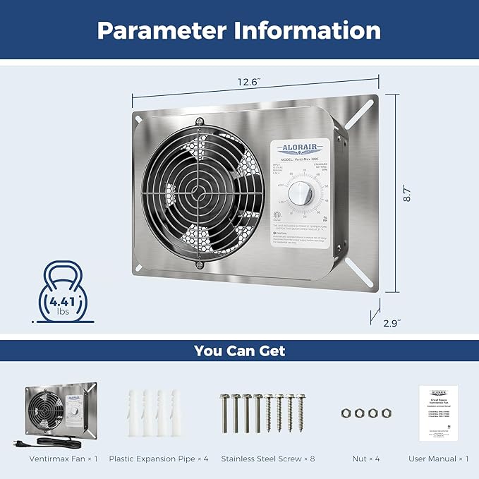 ALORAIR 300CFM Crawlspace Ventilation Fan with Humidistat, IP55 Rated Basement Stainless Steel Exhaust Fan, Built-In Isolation Net 6.7 Inch Foundation Vent Fan for Crawl Space, Garage, Attic,Grow Tent