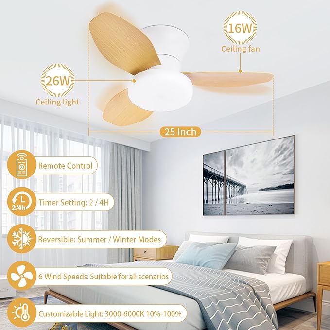 Glowall Small Ceiling Fan with Lights, 25 Inch Flush Mount with Remote Control, Reversible Quiet DC Motor, 3 Blades, 6 Speeds, Dimmable LED, Adjustable Color Temperature, Timer