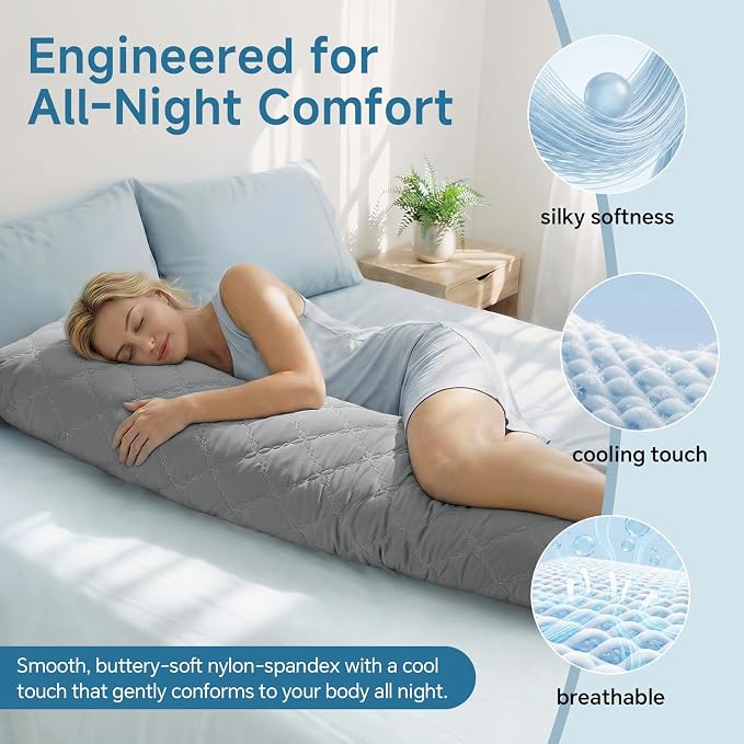 BEDELITE Cooling Body Pillow, Memory Foam Filled, Light Grey, 20x54 Inches | - Image 2