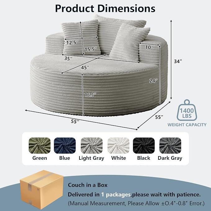 55'' Oversized Round Lounge Chaise Chair, Corduroy Upholstered Indoor Chaise - Image 2