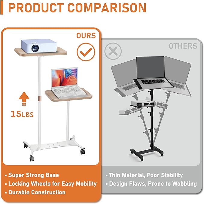 YUMFUN 2 Shelves Projector Stand, Mobile Laptop Cart on Wheels Projector Stand Adjustable Height 20 to 53 Inches, Overbed Table with 5 Lockable Casters, Rolling Laptop Floor Stand for Couch