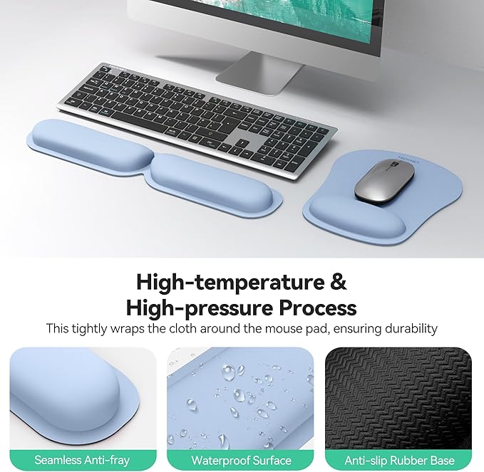 TECKNET Ergonomic Keyboard Wrist Rest and Mouse Pad, Foldable Memory Foam Wrist Rest for Computer Keyboard, Durable Mousepad for Computer Laptop Mac, Lightweight for Easy Typing and Pain Relief, Blue