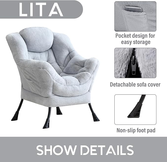 Lazy Chair with Ottoman, Comfy Accent Reading Chair, Plush Grey | Foldable - Image 4