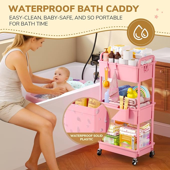 Goovilla Diaper Cart with Lockable Wheels and Easy Assembly, 3 Tier Pink | - Image 3