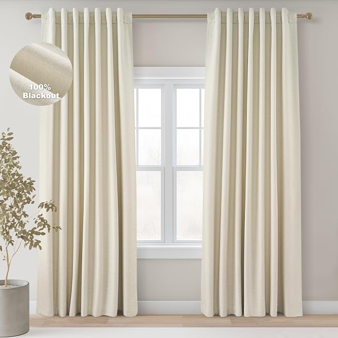Topfinel 90 Inches Long Full Blackout Cream Linen Curtains by Topfinel