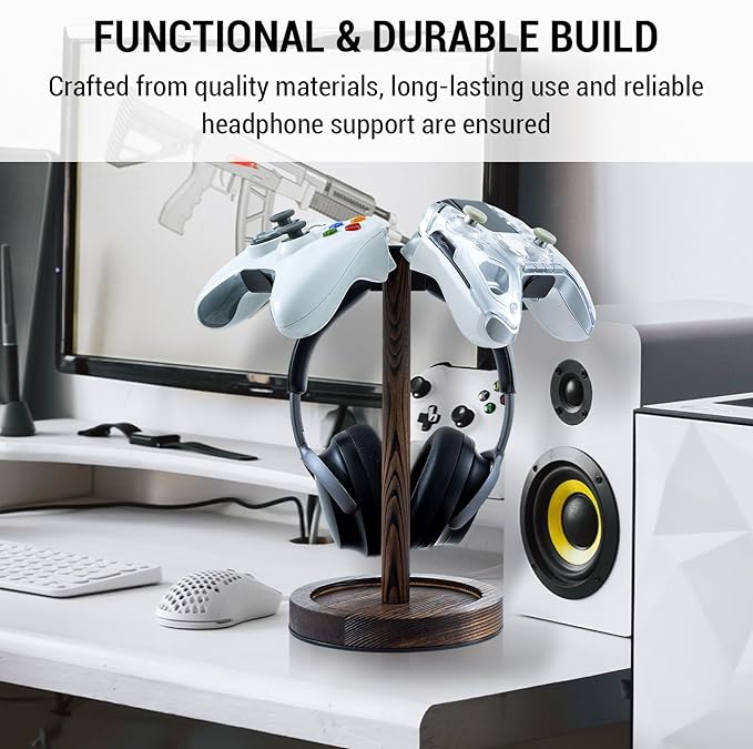 MyGift Industrial Matte Black Metal Headphone Stand with Burnt Wood Tray – Desktop Headset and Gaming Controller Holder for Office, Studio, or Console Setup