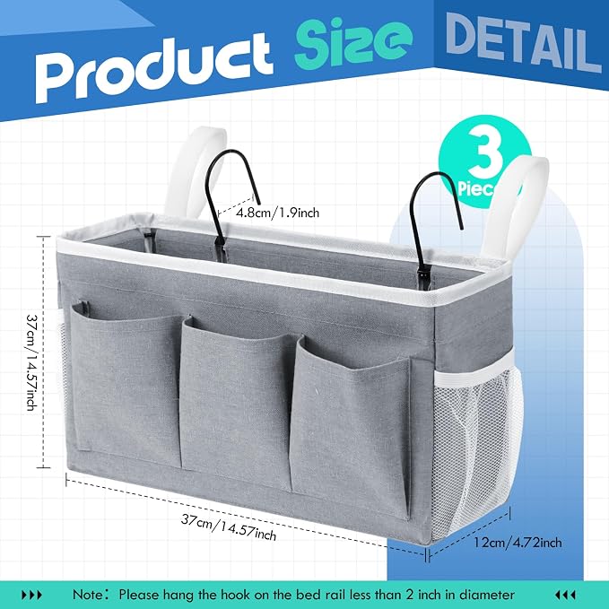 3 Pcs Bedside Caddy Storage Organizer, Bedside Hanging Storage Bag - Image 2