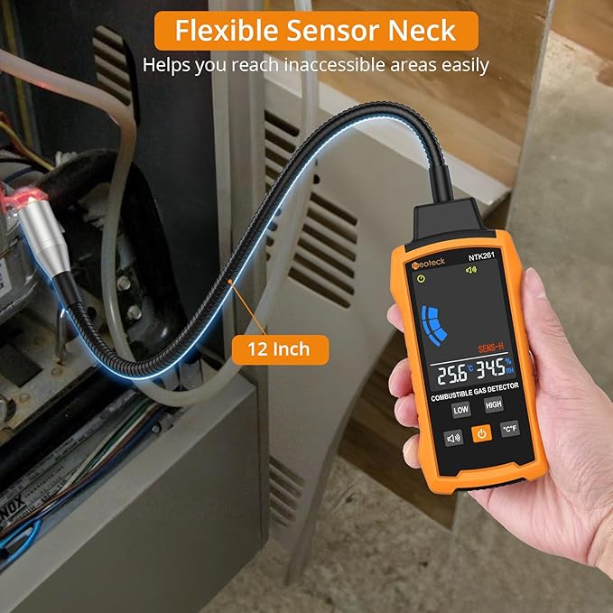 Neoteck Natural Gas Detector Gas Leak Detector with 12” Gooseneck Combustible Gas Detector with Audible & Visual Alarm Test Methane Propane Gasoline Natural Gas for Gas Pipeline Gas Stove and RV