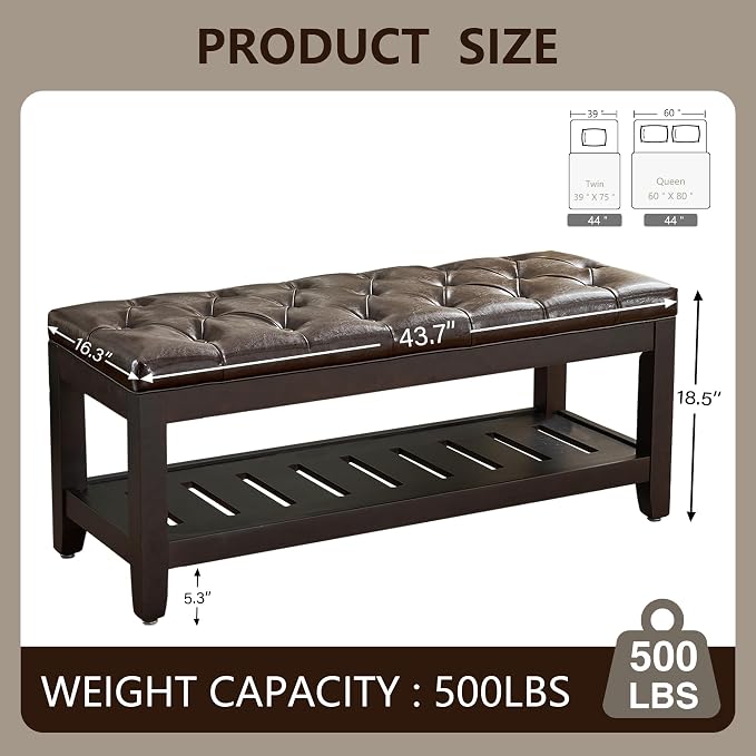 LOULENS 44'' PU Storage Bench, End of Bed Bench, Dark Brown | Solid Wood Frame - Image 3