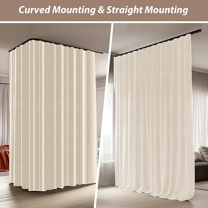 Room Divider Curtains with Ceiling Curtain Track Set Window Curtain for Bedroom,Living Room Total Blackout Thermal Insulated Privacy Ceiling Track Curtain W 6 × H 6 FT Beige drape&Black track