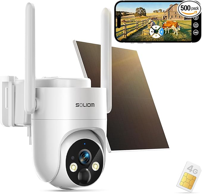 SOLIOM 4G LTE Cellular Security Camera, No WiFi Security Camera, Security Camera Wireless Outdoor for Remote Areas – Solar Powered, Live View, Color Night Vision, PIR Motion Sensor, 2-Way Talk, S90