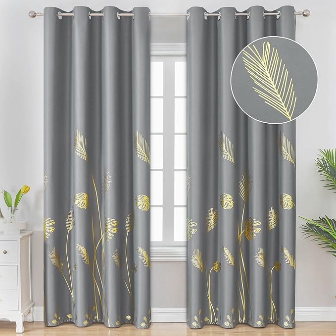 Foil Print Gold Palm Tree Curtains Blackout Curtains 96 Length Energy Saving by ESTELARTEXTILER