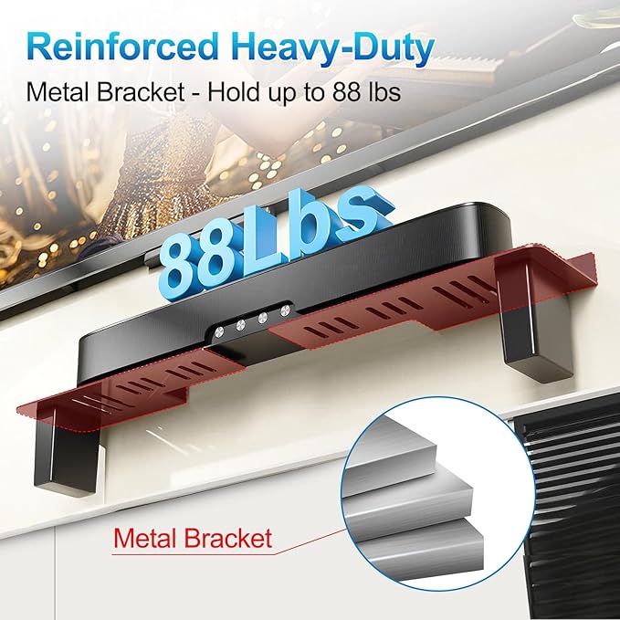 BYMECOST Heavy-Duty Steel Soundbar Mount Under TV with 2 Storage Boxes, Universal 88 Lbs Fit for Large Sound Bars, Sound Bar Wall Mount Bracket Stand Compatible with Samsung/JBL/LG, Complete Hardware