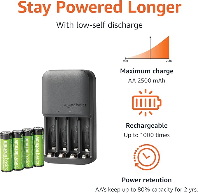 Amazon Basics 4-Bay Battery Charger for AA & AAA Rechargeable Batteries with Rechargeable AA NiMh Batteries, 4 count (Pack of 1), Type A (American) Plug, Black