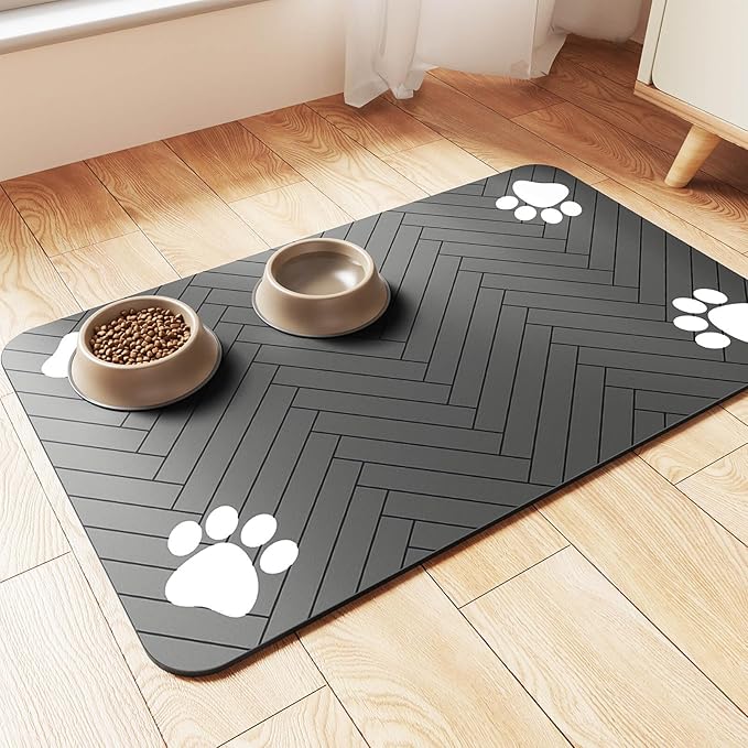 Pet Feeding Mat-Absorbent Pet Placemat for Food and Water Bowl, with Waterproof Rubber Backing, Quick Dry Water Dispenser Mat for Dog and Cat (27"x17", Striped Dark Gray)