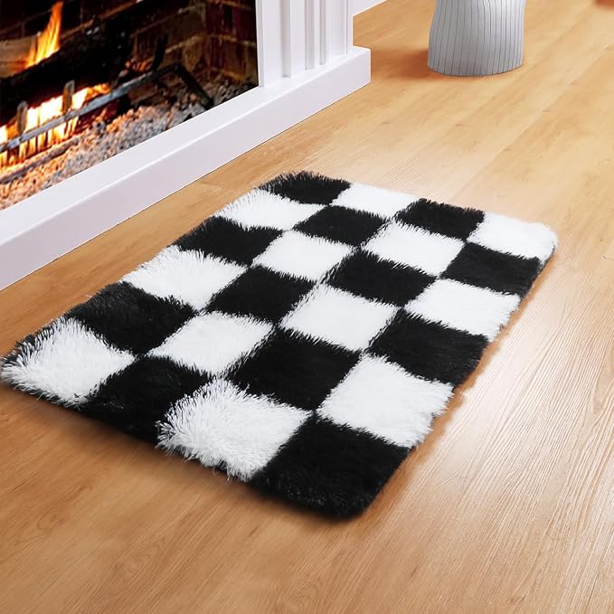 KICMOR Small Rug for Bedroom, 2x3 Fluffy Soft Black and White Checkered Rug - Image 6