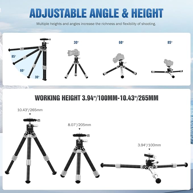 LEOFOTO Carbon Fiber Mini Table Tripod with Ball Head for Camera, Lightweight Desktop Tripod with Base, 1/4" Arca QR Plate for Phone Adaptor/Projector, Max Height 10.43", Max Load 11LB, MT-02C Plus
