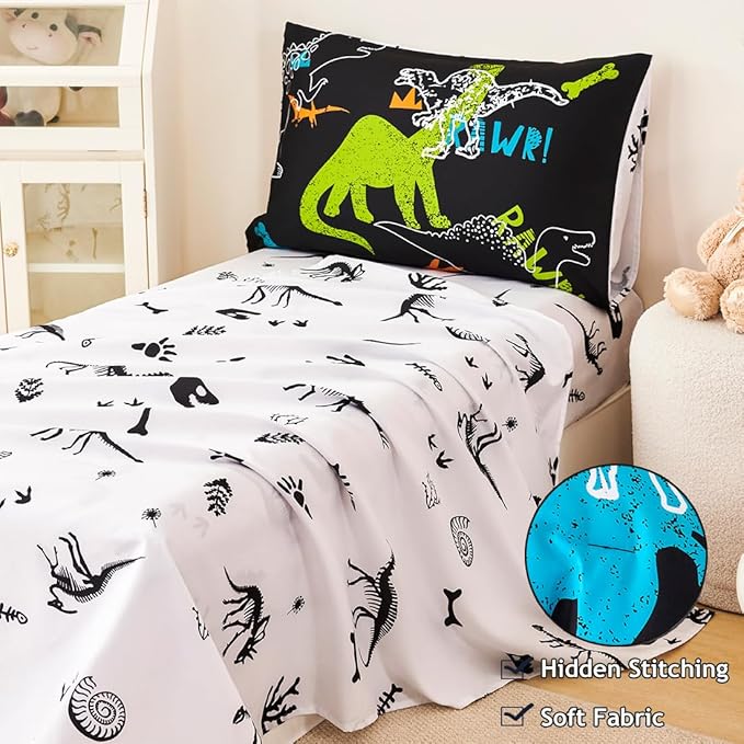 PERFEMET Twin Kids Bedding Sets 4-Piece Cartoon Dinosaur Boys Comforter with Sheets Ultra Soft Reversible Colorful Animal Children Bed in a Bag Set(Dinosaur, Twin)