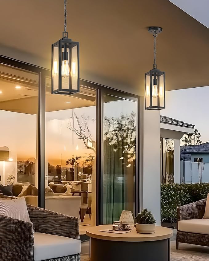 MYHXQ 15'' Large Motion Sensor Outdoor Pendant Lights, Dusk to Dawn Modern Outside Chandelier Outdoor Hanging Lantern with Clear Glass, Exterior Pendant Lighting Fixture for Porch, Yard, Black, 1Pack