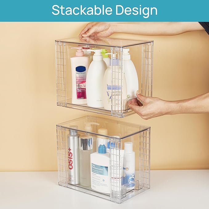 Vtopmart 4 Pack Clear Stackable Storage Drawers,9.7" High Plastic Organizers Bins for Skincare, Bathroom Supplies,Ideal for Cabinet,Undersink,Vanity,Kitchen,Pantry Organization