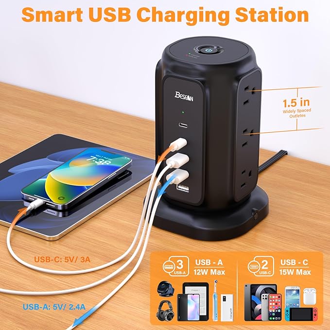 Flat Plug Power Strip Tower with 9 Outlets 5 USB Ports (2 USB C), BESFAN 1625W 6.5Feet Extension Cord with Multiple Outlets, 1200J Surge Protector for Home Office Supplies, Dorm Essentials