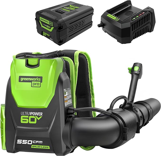 Greenworks 60V 550 CFM Brushless Backpack Blower, 5.0Ah Battery and 6A Charger