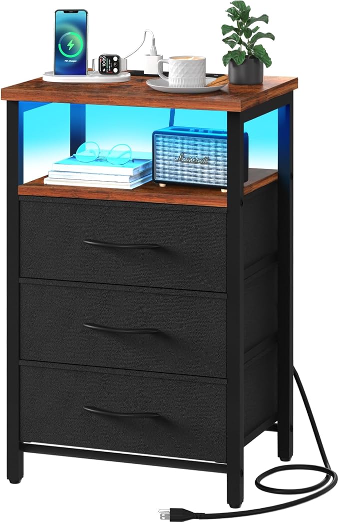 Yoobure Night Stand with Charging Station, 3 Fabric Drawers Nightstand by Yoobure