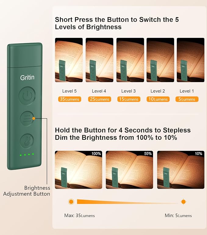 Gritin Book Light Rechargeable, Clip on LED Reading Light - Image 2
